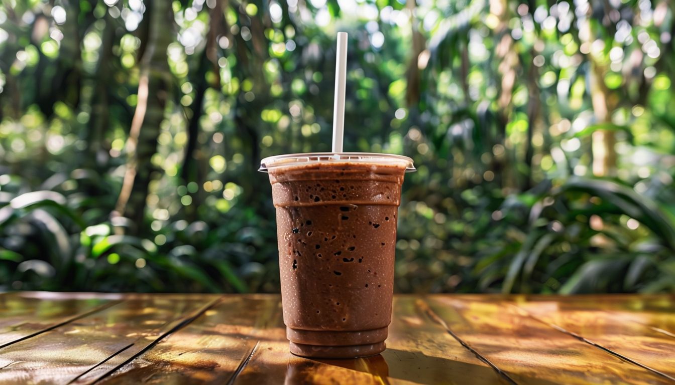 Chocolate Smoothie In Cup Against Tropical Jungle Backdrop