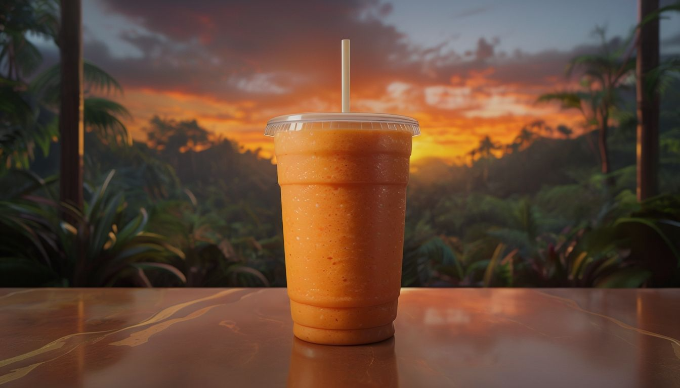 Vibrant Orange Smoothie Against Sunset Jungle Backdrop