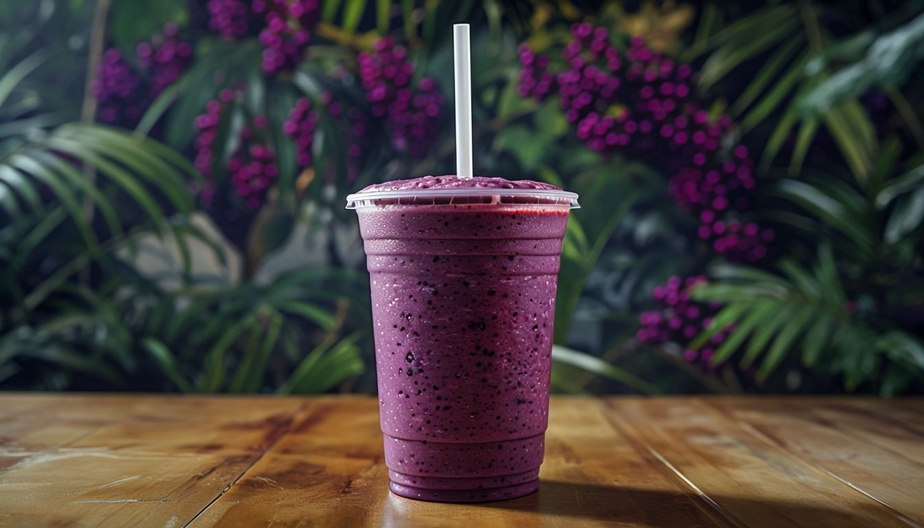 Vibrant Purple Smoothie In Transparent Cup On Wooden Surface