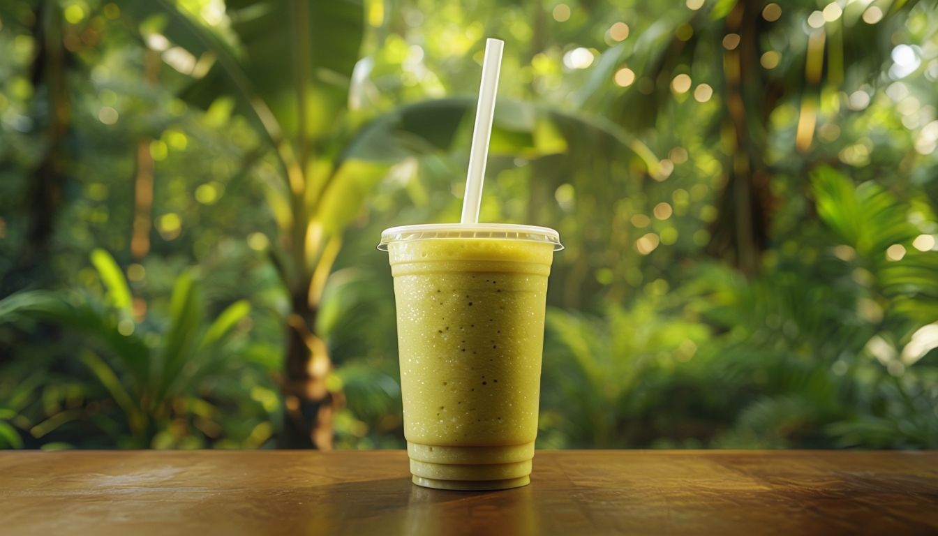 Vibrant Yellow-Green Smoothie Surrounded By Lush Tropical Foliage