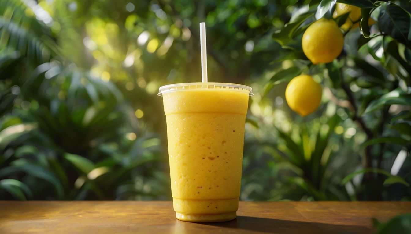 Vibrant Yellow Smoothie In Clear Cup Amidst Jungle Foliage