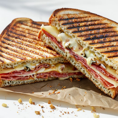 Grilled Sandwiches Stacked On Parchment With Potato Chips