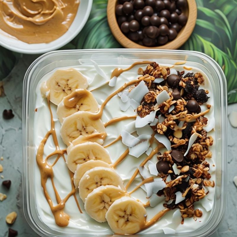 Yogurt Bowl With Banana And Peanut Butter In Jungle Setting